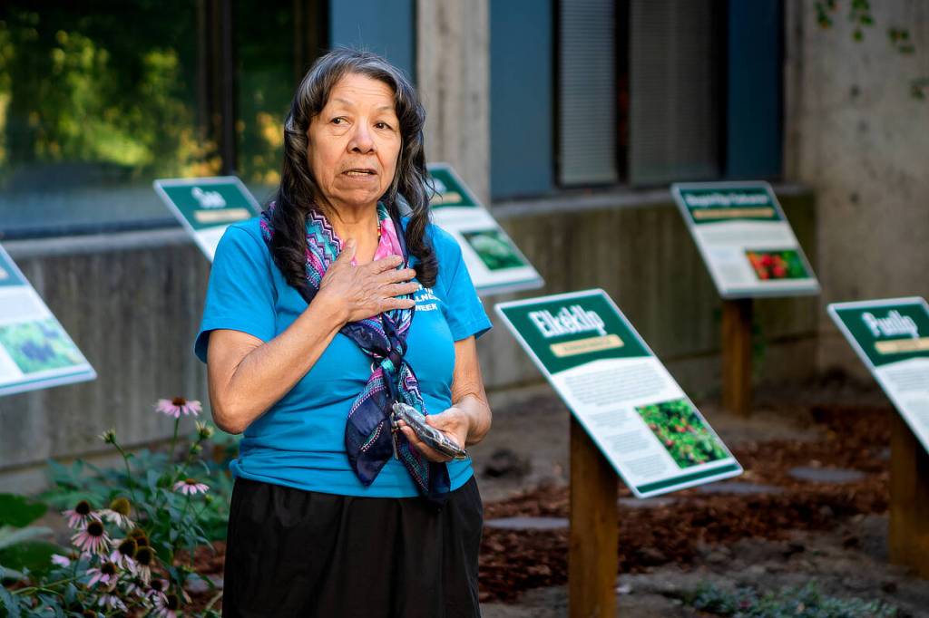 Secwépemc Elder Jean Brown opens the Indigenous garden at Shuswap Lake General Hospital with a blessing on Sept. 26, 2025. (Matthew Timmins Photography)