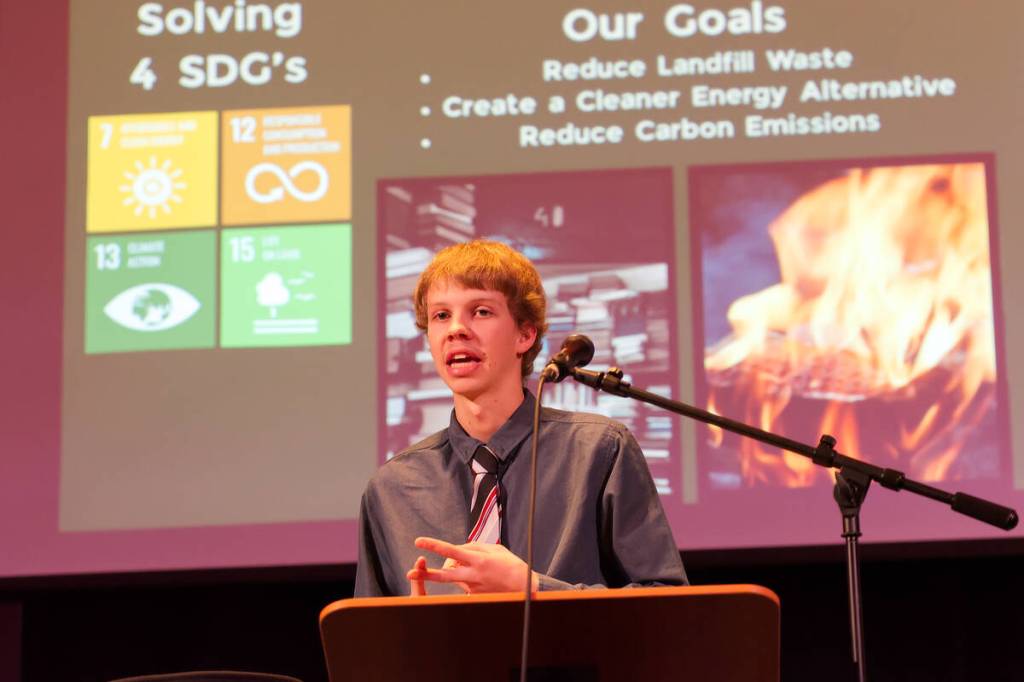 Paper Trail&rsquo;s David Simmons shares a pitch around the company&rsquo;s &ldquo;fire bricks&rdquo; in the Shuswap Launch-a-Preneur Final Night event at Song Sparrow Hall on Friday, Nov. 14, 2025. (Lachlan Labere-Salmon Arm Observer)
